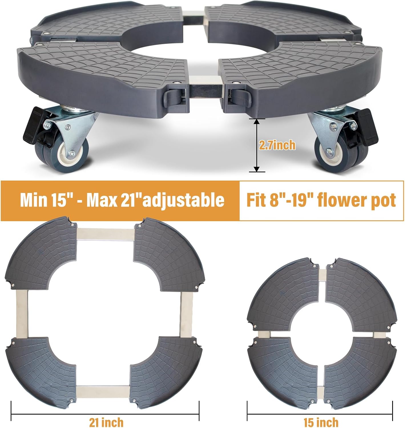 2 Pack Rolling Plant Stand with Wheels,15-21’’Adjustable Heavy Duty Plant Caddy with Wheels for Indoor Outdoor Planter Dolly Lockable