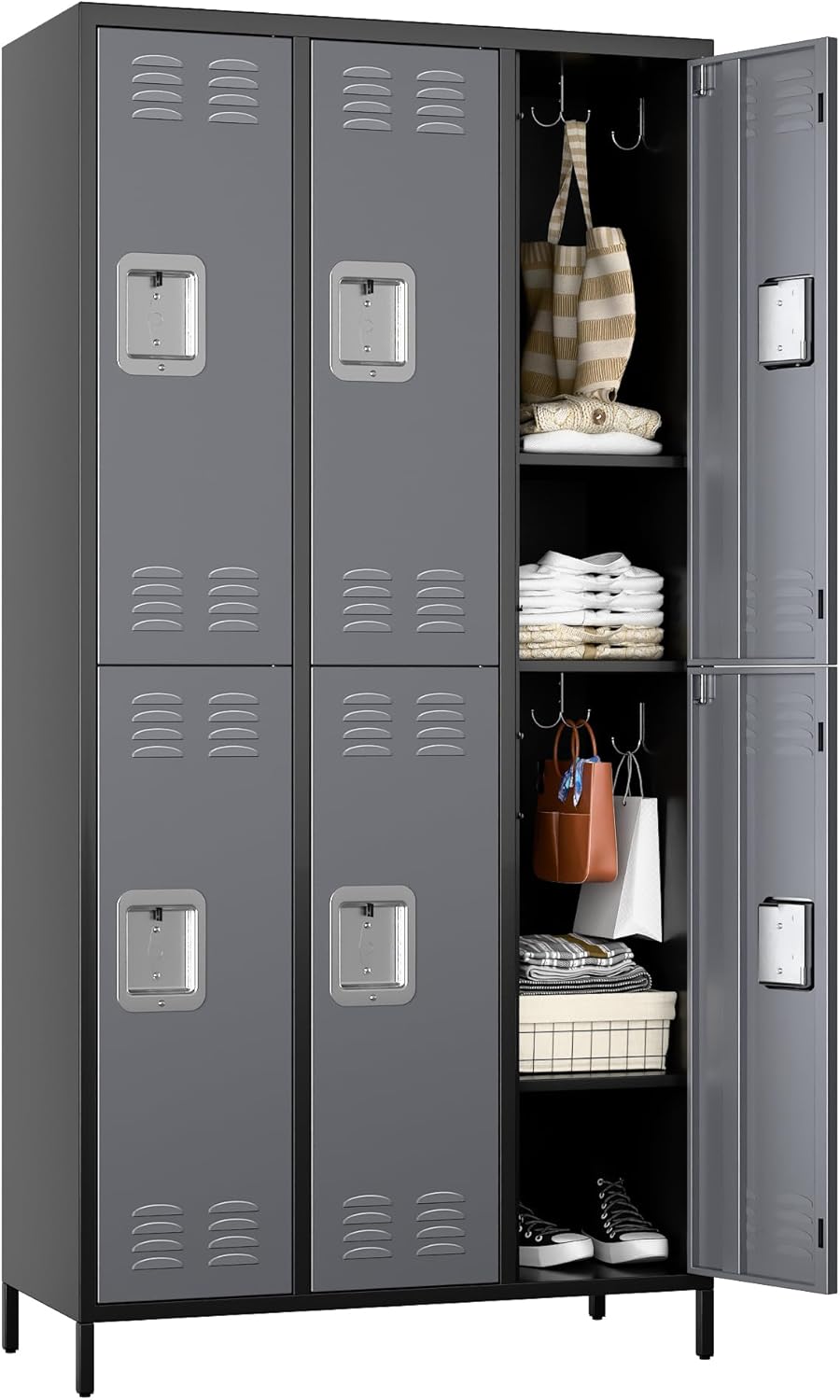 6 Doors Metal Lockers for Employees with 18 Hooks for Offices School Gyms Home,Assembly Required,Black and Dark Gray