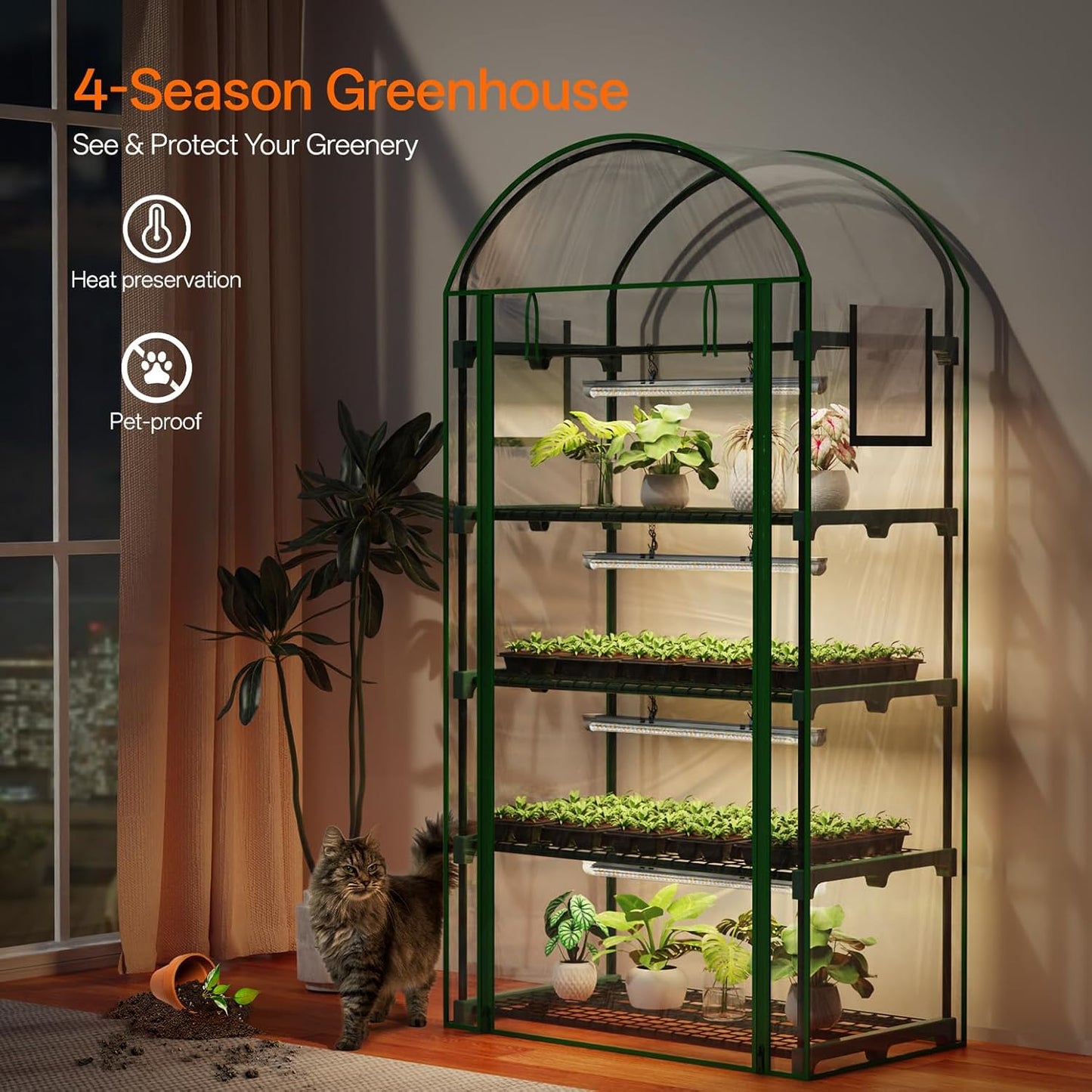 Indoor Greenhouse with Grow Light, 4-Tier Mini Green House, 4Pcs Grow Lights for Indoor Plants with Timer, Zippered PVC Grow Tent with Airflow Windows, Indoor Greenhouse Cabinet 35x19.3x63in
