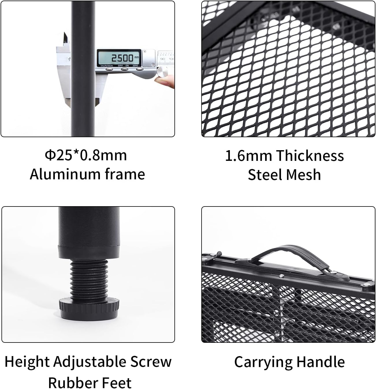 Small Folding Table 2FT Grill Table Foldable Camping Table Picnic Portable Mesh 2 Height Adjustable Outdoor Beach BBQ Black 23.6×15.7 inch