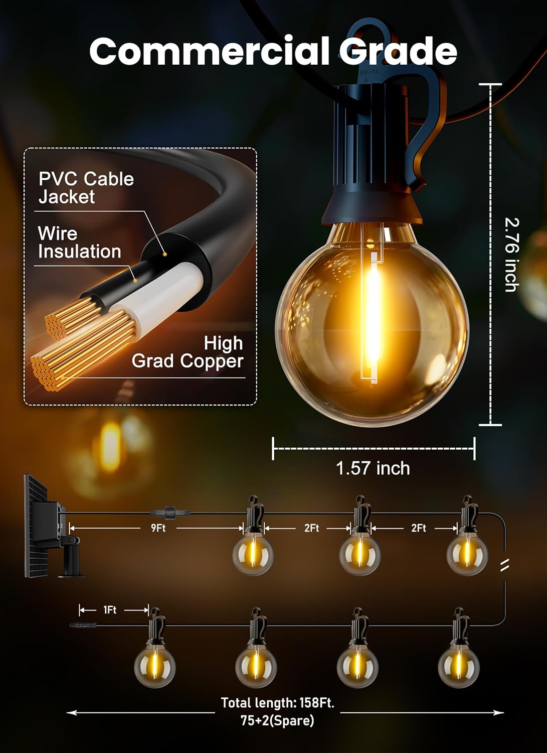 Brightown 158FT Solar String Lights Outdoor with Remote and 77 LED Shatterproof Bulbs, Dimmable & Timable, 3 Light Modes, Solar Patio String Lights Outdoor for Cafe, Garden, Deck, Outside Wedding