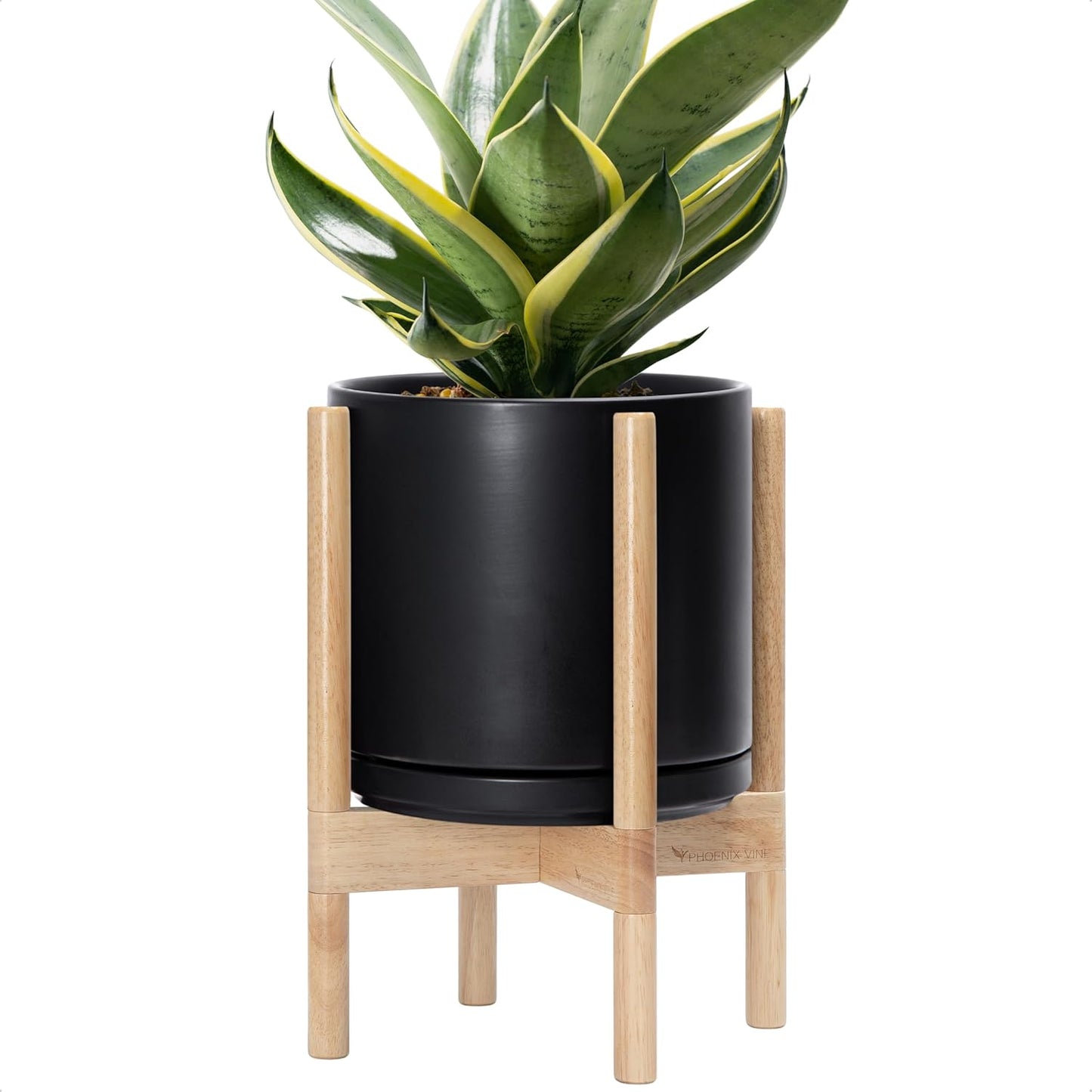 D'vine Dev Ceramic Planter with Natural Stand - 10 Inch Modern Round Flower Pot with Wood Planter Holder, Black, 55-B-K-2