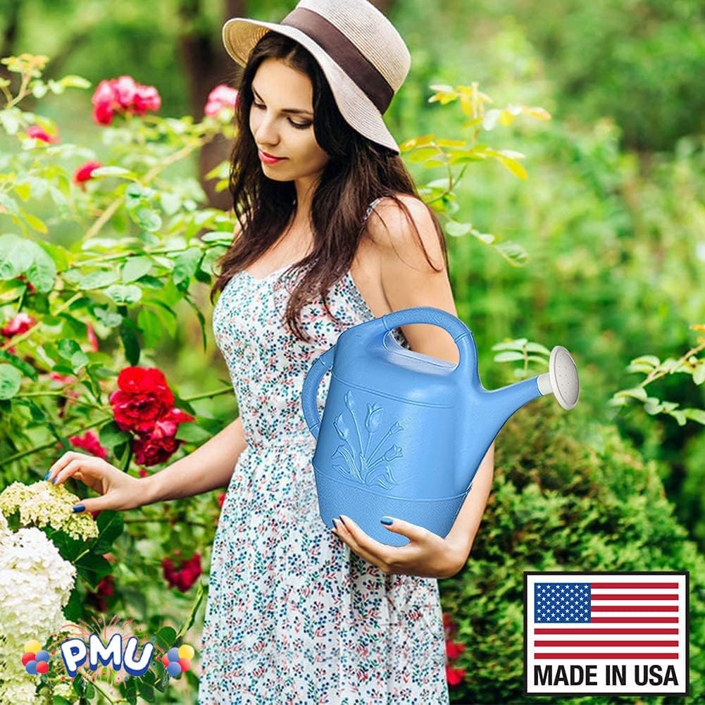PMU 2 Gallon Watering Can - Garden Watering Can for Indoor & Outdoor Plants - Plastic Water Can with Detachable Sprinkler Head - Large Water Pot, Made in USA - Blue Pkg/3