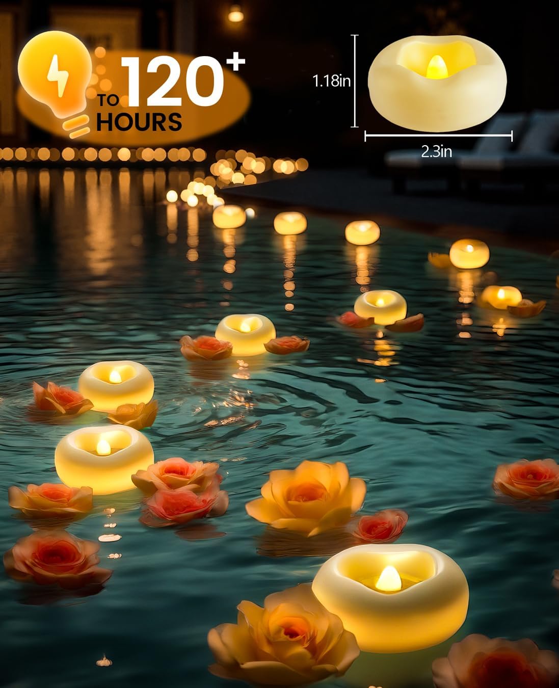 48-Pack 2” Floating Candle, 200 Hour Water Activated Warm White Battery Powered Flameless LED Floating Candle Floating for centerpieces/Bathtub/Pool/Fountain