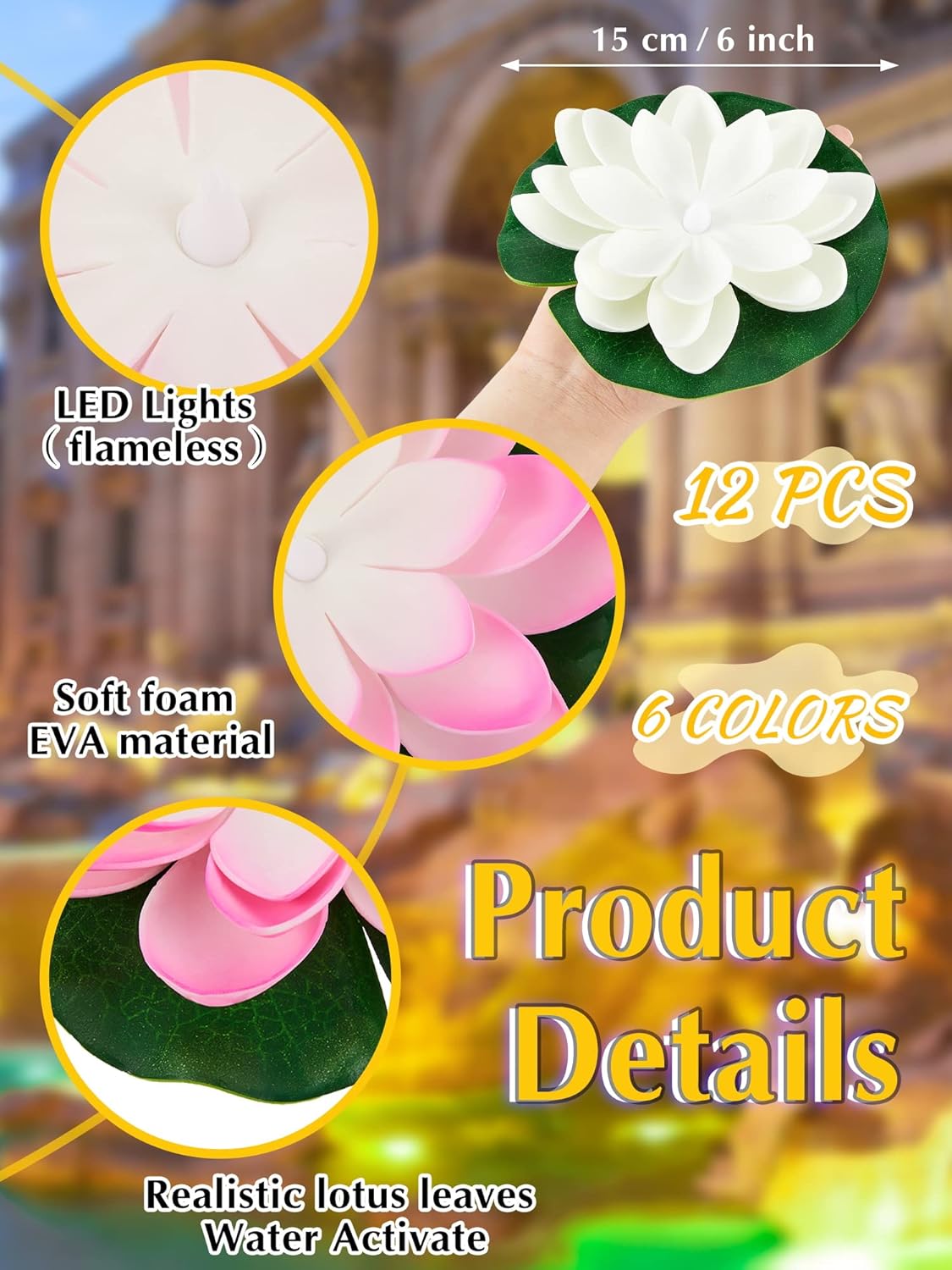 Hortsun 12 Pcs Floating Lotus Lights with Batteries Lily Pads Pool Flowers Diwali Pooja Decorations Floating Candles Decor for Pool Pond Outdoor Indoor(5.91 Inch,Multicolor)