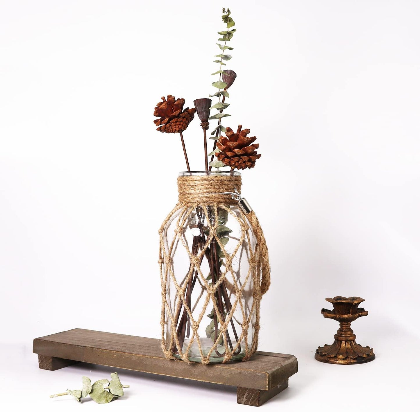 Rustic Hanging Mason Jar Creative Rope Net Dry Flower Glass Vase with Handle (1 Vase 8")