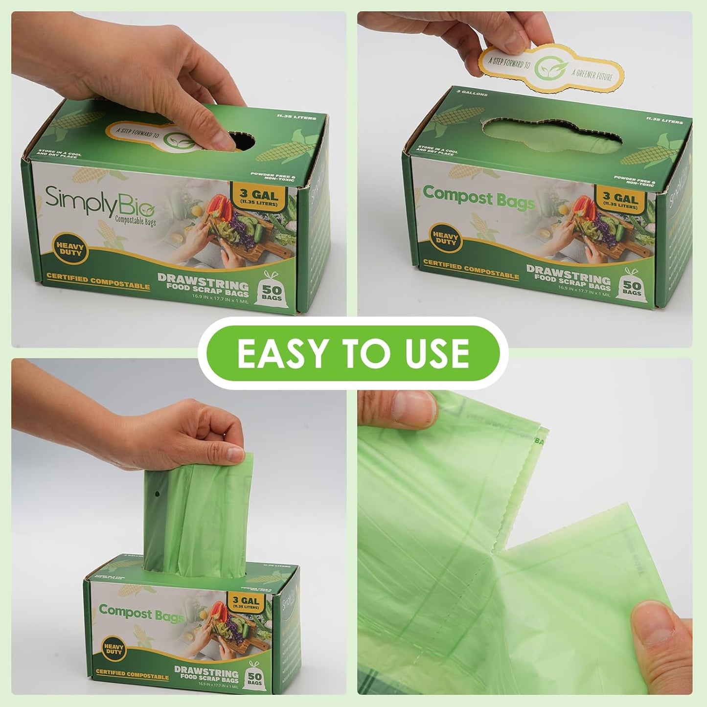 3 Gallon Compostable Trash Bags with Drawstring, Heavy Duty Extra Thick 1 Mil, 11.36 Liter, 50 Bags, Small Kitchen Food Scrap Waste Bag, US BPI and OK Compost Home Certified(3 Gallon 50 Count)