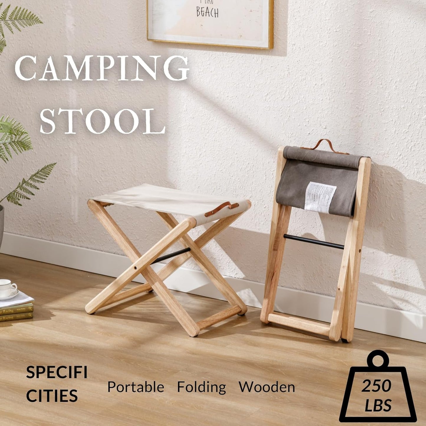 Folding Canvas Camp Stools Set of 6, Wood Folding Camping Stool Patio Portable Foot Stool for Garden Outdoor Fishing Picnic Travel BBQ, Grey