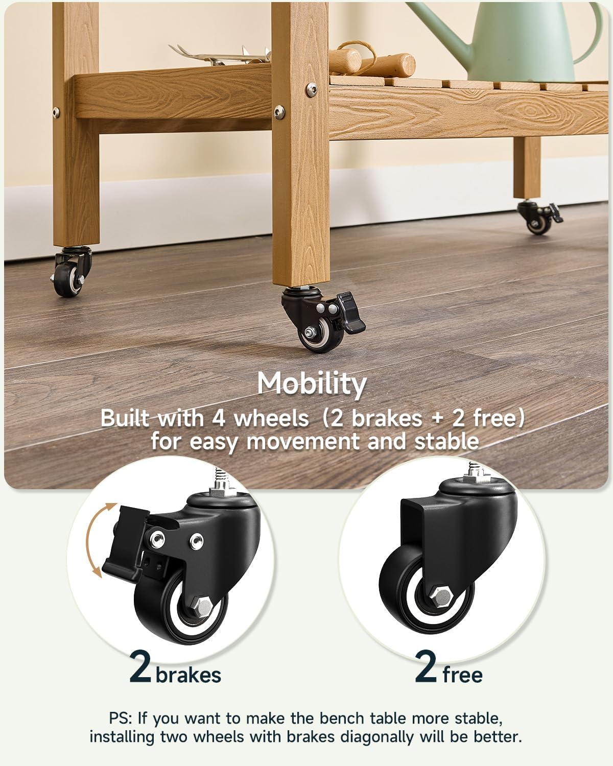 HDPS Outdoor Potting Bench with Sliding Tabletop/ 4 Wheels/Removable Sink, All-Weather Outside Garden Work Table, No Rust/Fade/Break, Potting Station for Porch, Patio & Backyard (Teak)