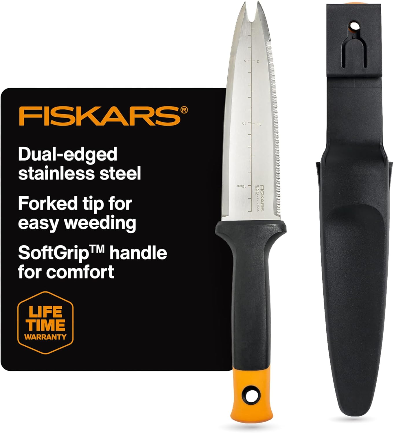 Fiskars Hori Hori Garden Knife with Sheath, Multi-Purpose Heavy Duty Gardening Hand Tool for Weeding, Planting, Digging with Hanging Hole