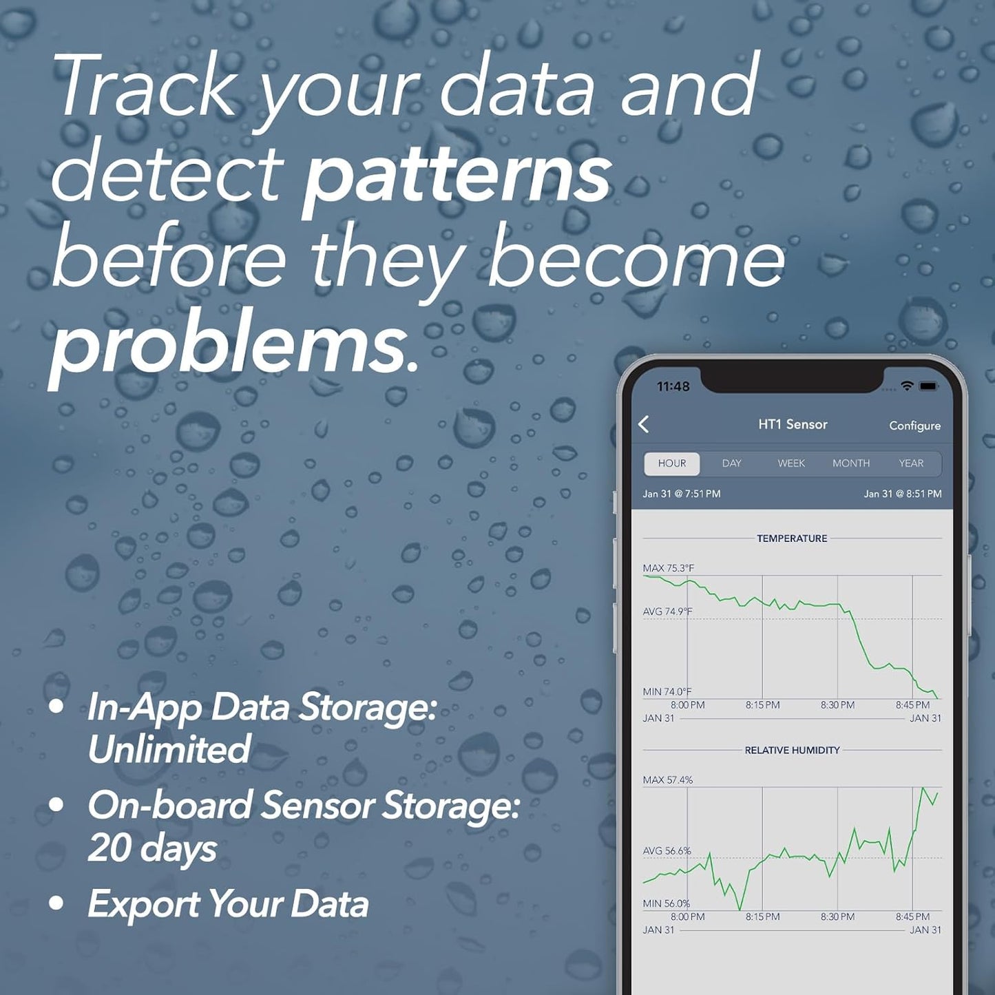 HT1 Smart Temperature Sensor and Humidity Sensor - Bluetooth Thermometer and Hygrometer with App Monitoring - Indoor/Outdoor Temperature and Humidity Monitor for RV, Basement, Fridge & More (1 Pack)