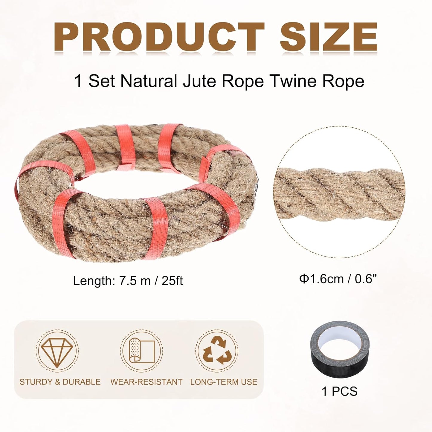 MECCANIXITY Jute Rope 0.6 Inch x 25ft, Thick Twine Rope Ropes Braided Jute Twine Natural Brown Burlap Cord String Heavy Twisted with Tape for Decorative Crafts Railing Swing Tug of War