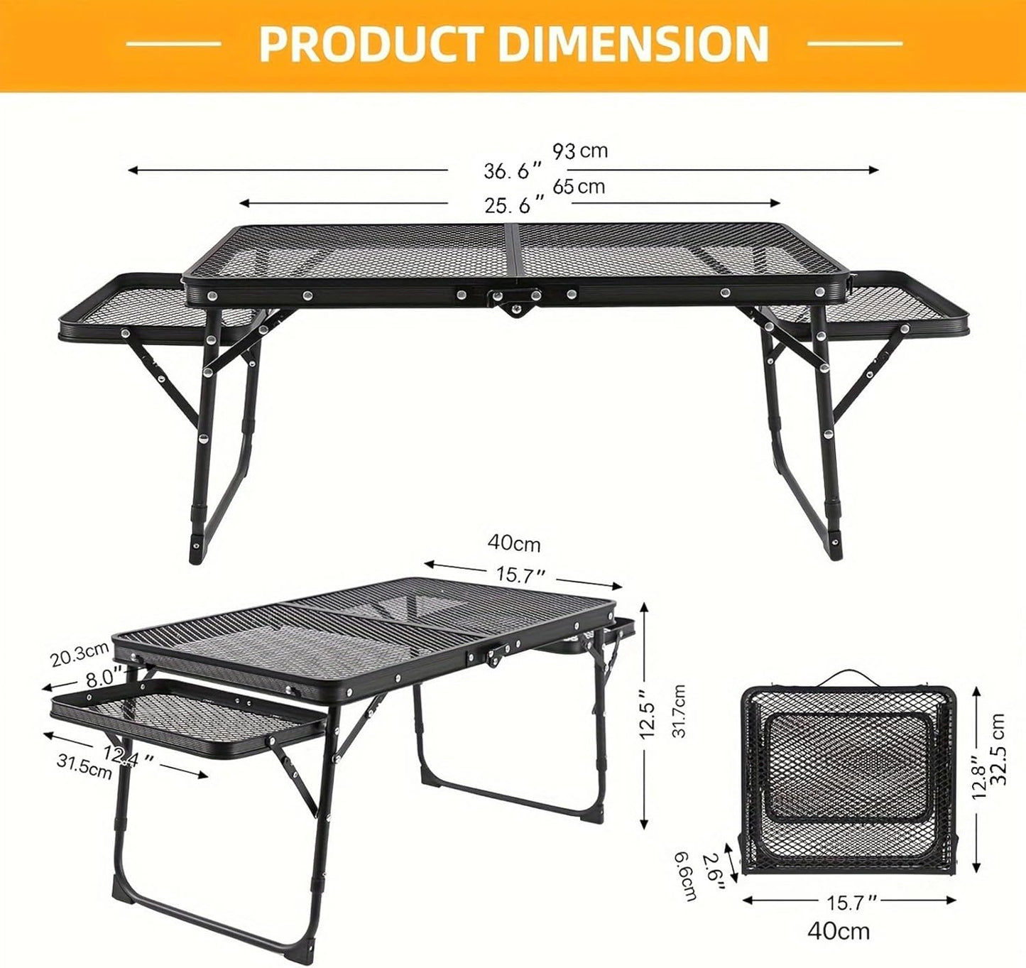 Camping Table Grill Table with Table Extension Board Adjustable Height Folding Tables Mesh Top Portable Grill for Outdoor Indoor Beach BBQ Picnic Travel RV Black