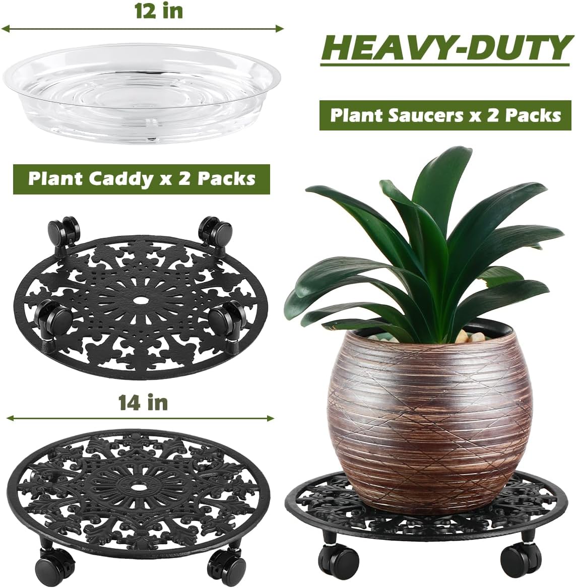 2 Pack Heavy Duty 14 Inch Metal Plant Stand with wheels - Wrought Iron Dolly with Casters for Indoor and Outdoor - Includes 2 Pack Plant Saucers