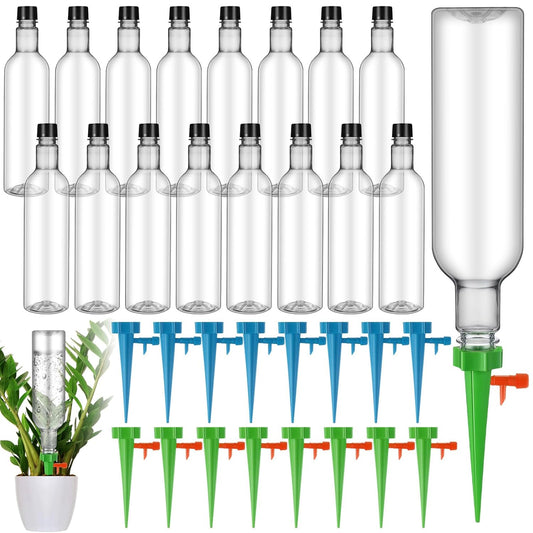 16 Set Plant Watering Devices with Self Watering Spikes and 26 oz Plastic Bottles Plant Waterer Devices with Adjustable Control Valve Switch Indoor Outdoor (Clear)