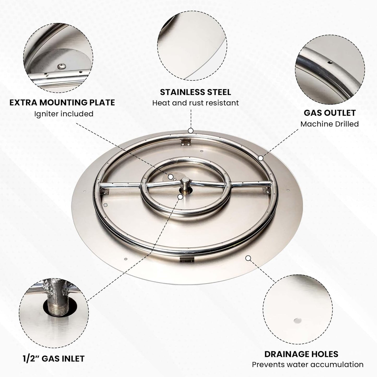 Stainless Steel Fire Pit Burner Pan & Ring Standard Kit with Spark Ignition for Liquid Propane, 30-Inch Pan, 24-Inch Ring, 150,000 BTU Max