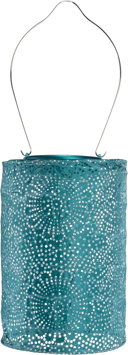 Allsop Soji Stella - Tin Art' Punched Luminaria - Cylinder - 7.5" - Outdoor Solar Latern - Metallic Emerald
