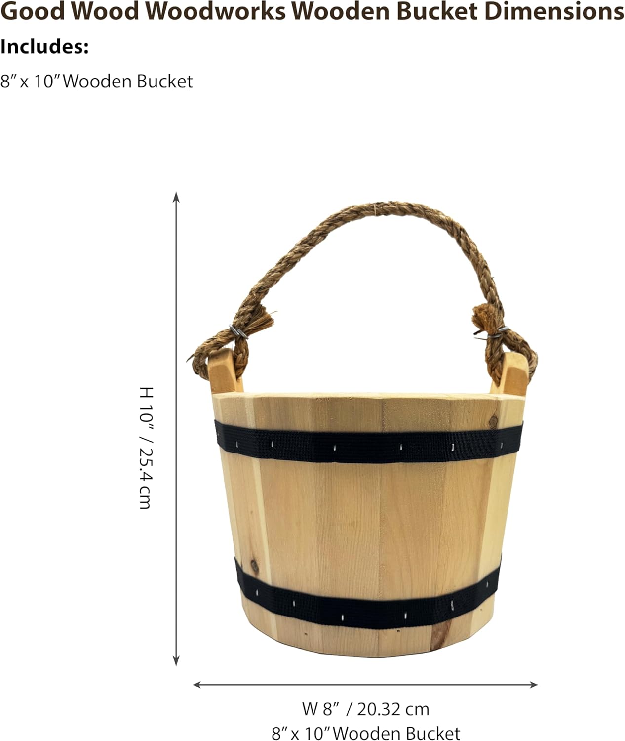 Good Wood - Wooden Bucket 8" x 10" Water Wishing Well Pail with Rope Twine Handle Solid Wood Vintage Style Primitive Planter - Made in The USA