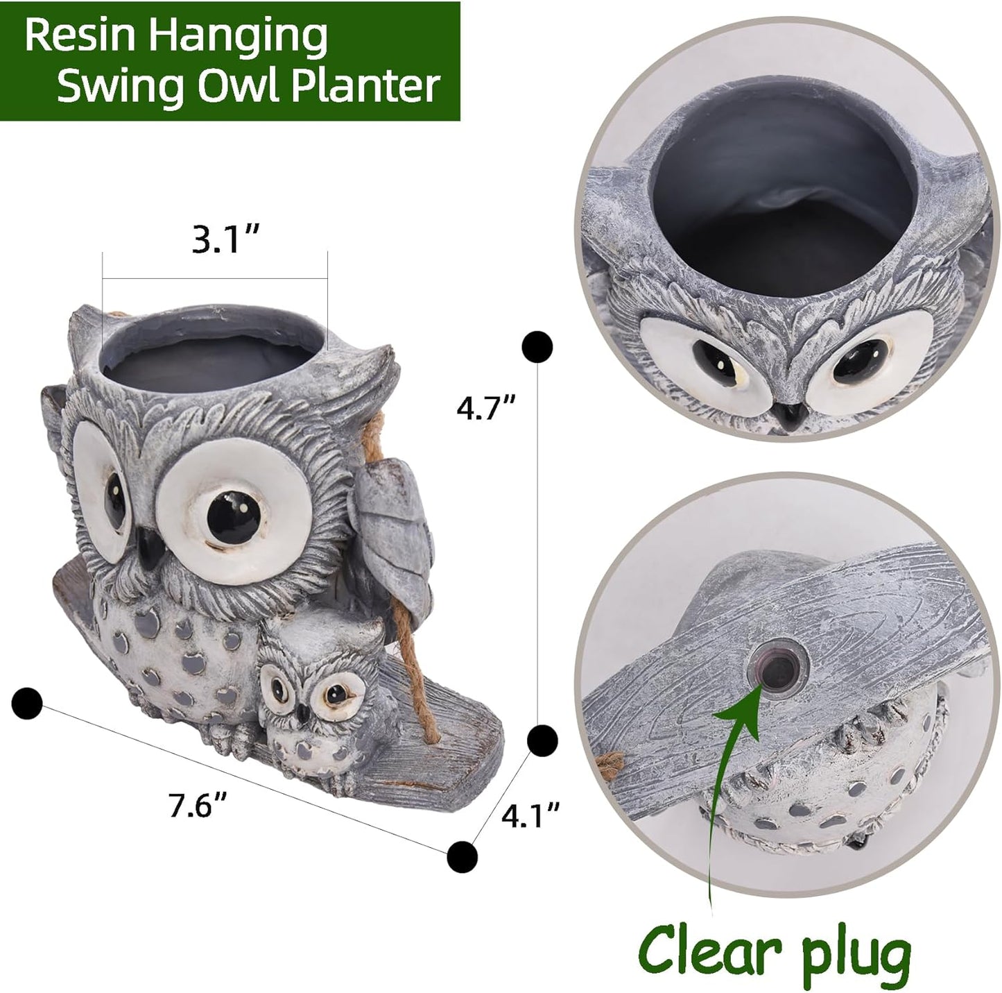 Swing Owl Hanging Planters for Indoor Plants, Cute Small Succulent Pots with Drainage Hole, Unique Resin Plant Hangers Outdoor, Hanging Plant Holder for String Of Pearls, Gift Ideas for Mother