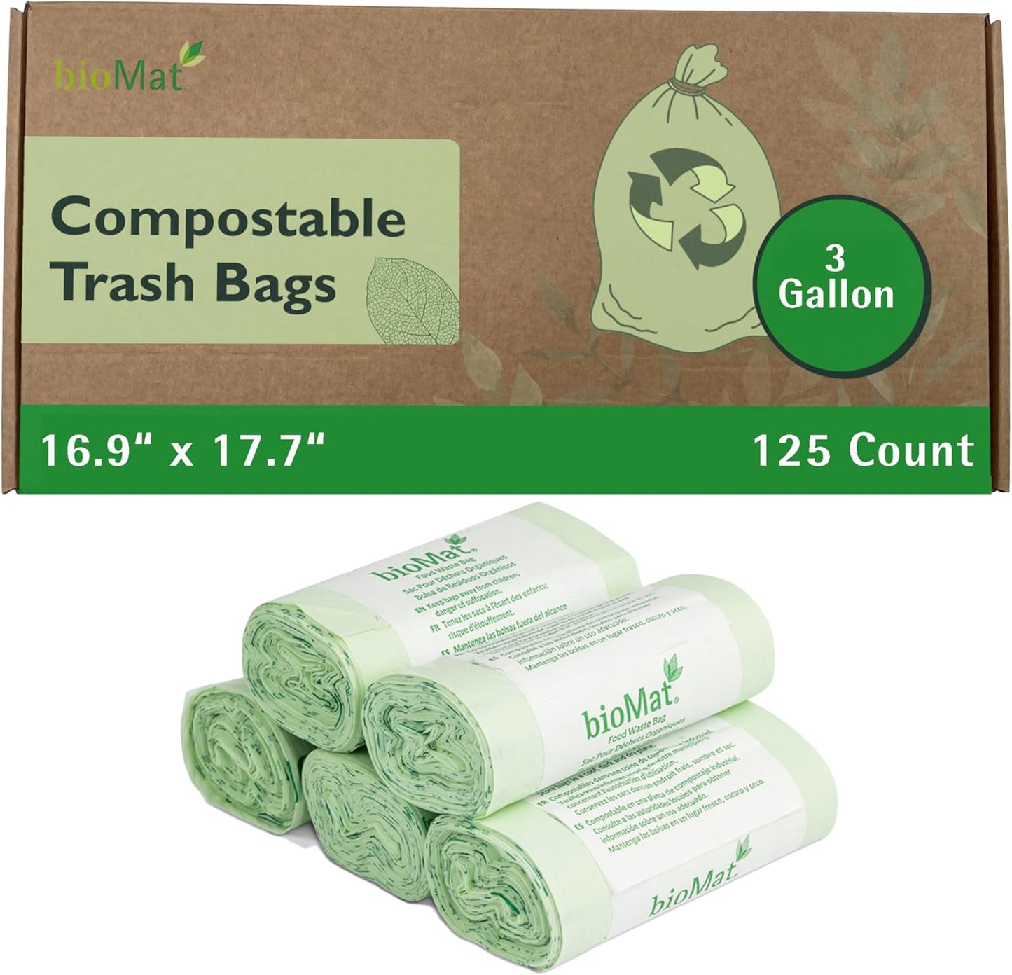 bioMat 3 Gallon Compost Bags, 125 Count, Compostable Trash Bags for Kitchen Compost Bin, BPI ASTM D6400 and CMA Certified Biodegradable Trash Bags