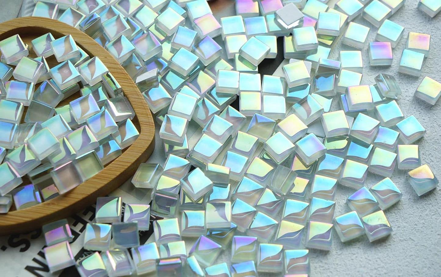 335pcs Crystal White Iridescent Mosaic Tiles, 0.4' Mini Square Glass Tiles for Mosaic Craft, 300G Smooth Edge Glass Pieces for Mosaic Making Supplies