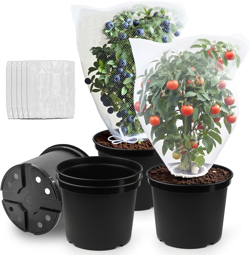 12-Inch Reusable Nursery Pots with Durable Bird Netting Covers for Outdoor/Indoor Plants, 5-Gallon Garden Pots & Bird Netting for Garden Protection Bundle, Gardening Gifts for Women (5-Pack)