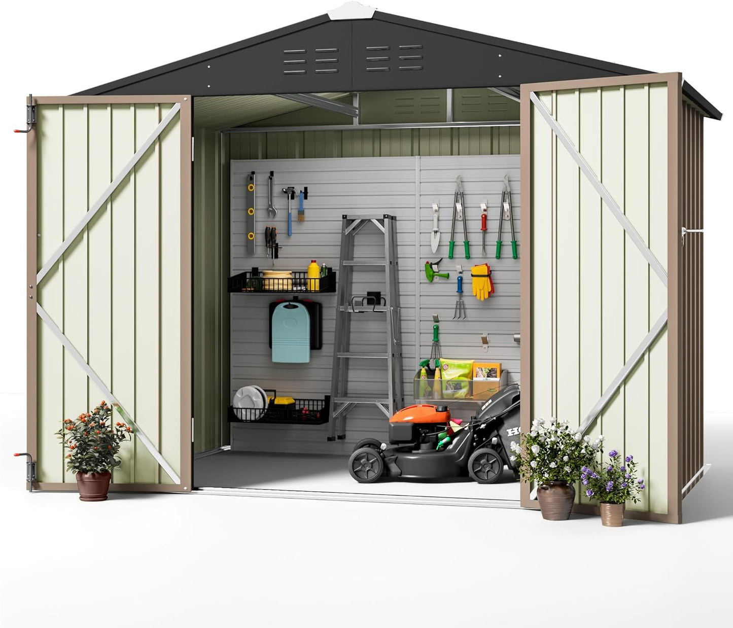 Greesum Outdoor Storage Shed 6 x 8 ft. Utility Tool Shed Metal Storage Garden Shed with Door & Lock for Patio Storage, Brown