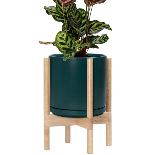 D'vine Dev Ceramic Planter with Natural Stand - 10 Inch Modern Round Flower Pot with Wood Planter Holder, Teal, 55-B-K-4