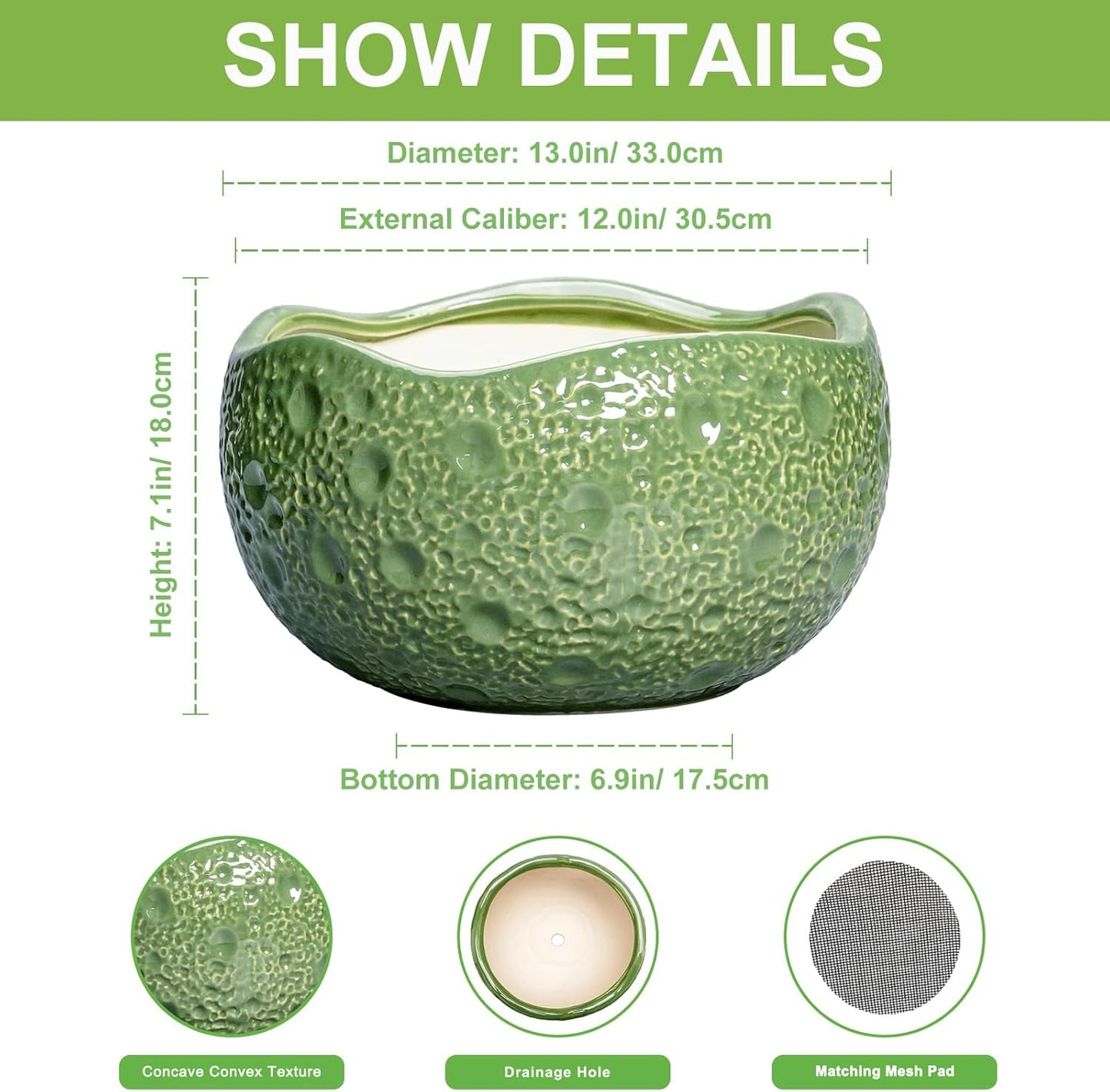 Ceramic Pots for Plants - 13 Inch Large Bonsai Pots Indoor Outdoor, Round Plant Pot with Drainage Hole, Decorative Flower Pot, Modern Unique Planters, Patio Decor, Plant Lover Gifts, Green