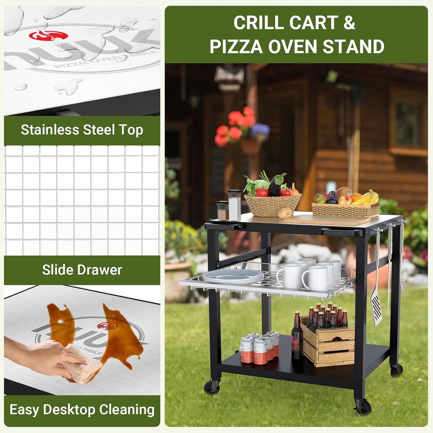 NUUK Outdoor Grill Cart 30"x 24" Pizza Oven Table 3-Shelf with Stainless Steel Top and Sliding Drawer BBQ Grilling Carts Outside Serving Prep Tables Stand