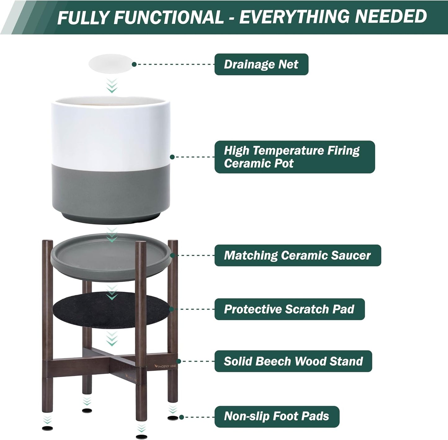 D'vine Dev Ceramic Planter with Walnut Color Stand - 10 Inch Modern Round Flower Pot with Wood Planter Holder, White/Grey, 55-B-X-6