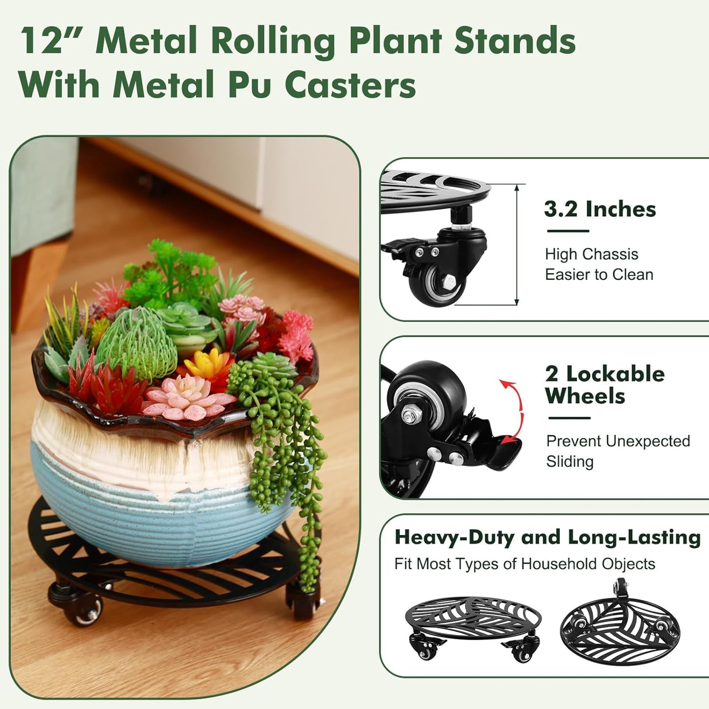2 Packs Large Metal Plant Caddy with Wheels 13.6" and 12" Heavy-duty Wrought Iron Rolling Plant Stands with PU Metal Casters Indoor Outdoor Round Plant Pot Roller Base Planter Movers, Glossy Black