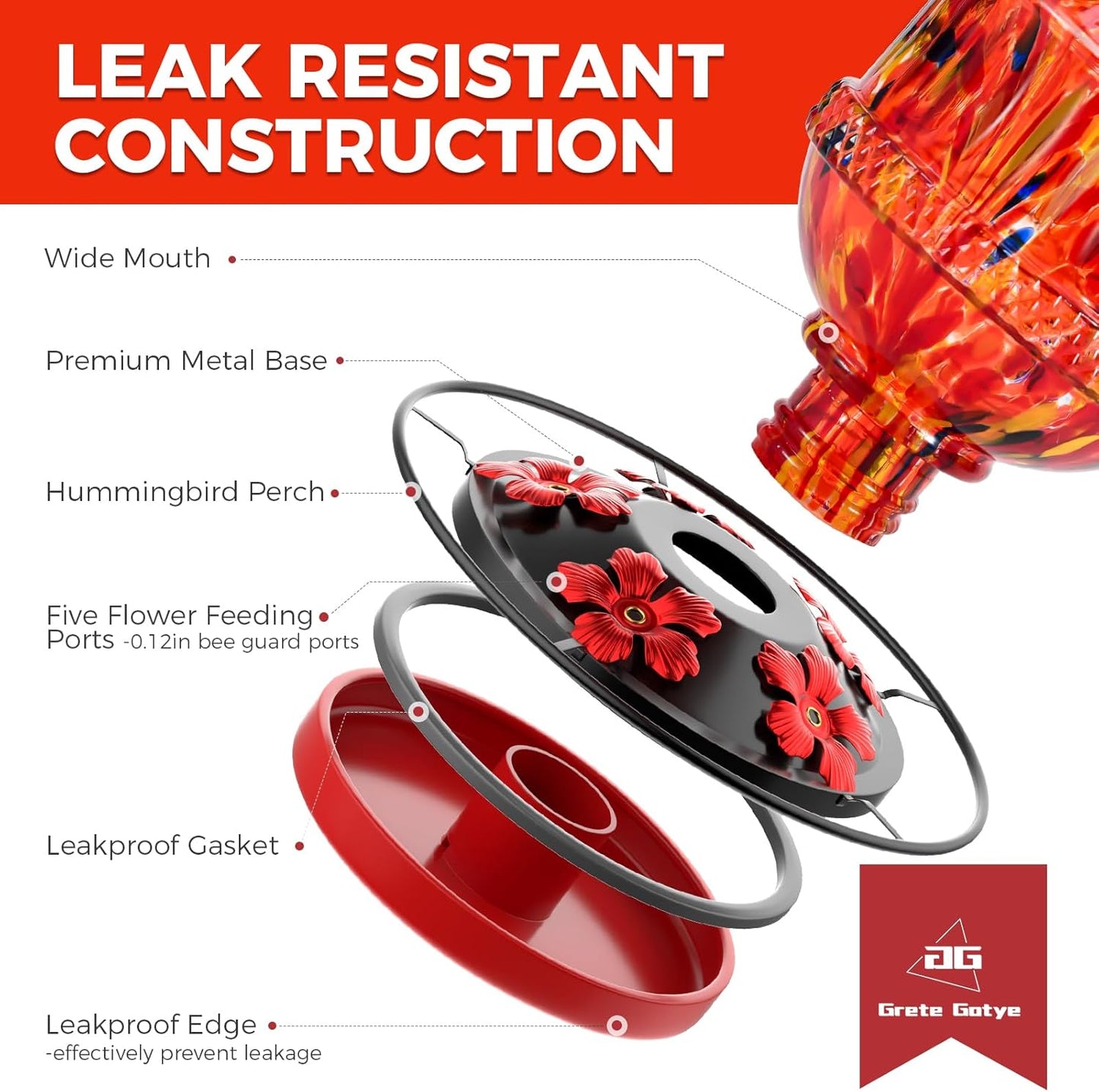 Blown Glass Hummingbird Feeders for Outdoors, 25 Ounces Wild Bird Nectar Feeder with Perch & 5 Flower Feeding Ports Leak Proof Hanging for Garden Backyard Decor, Gifts for Women Mom, Sunrise Red