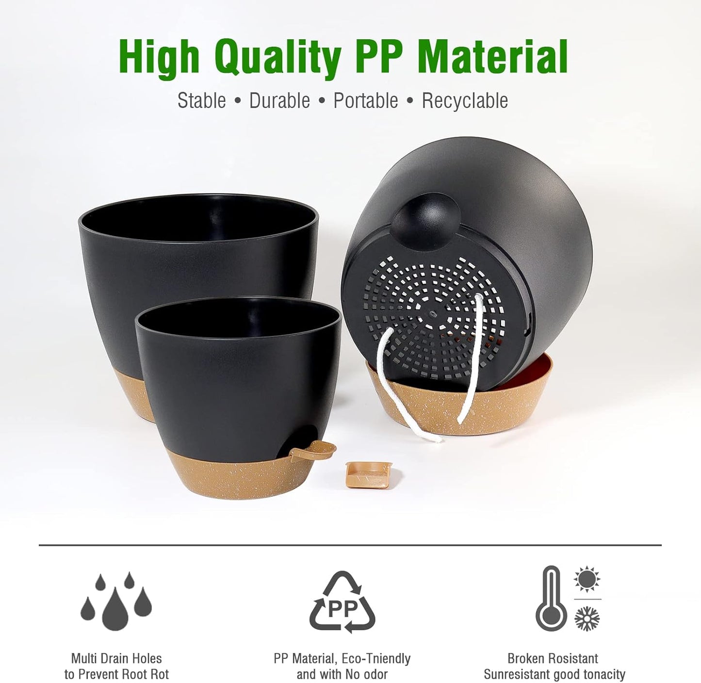 10/9/8 inch Self Watering Pots, Set of 3 Plastic Planters with Mesh Drainage Holes and Deep Reservoir for Indoor Outdoor Garden Plants and Flowers, Black with Brown