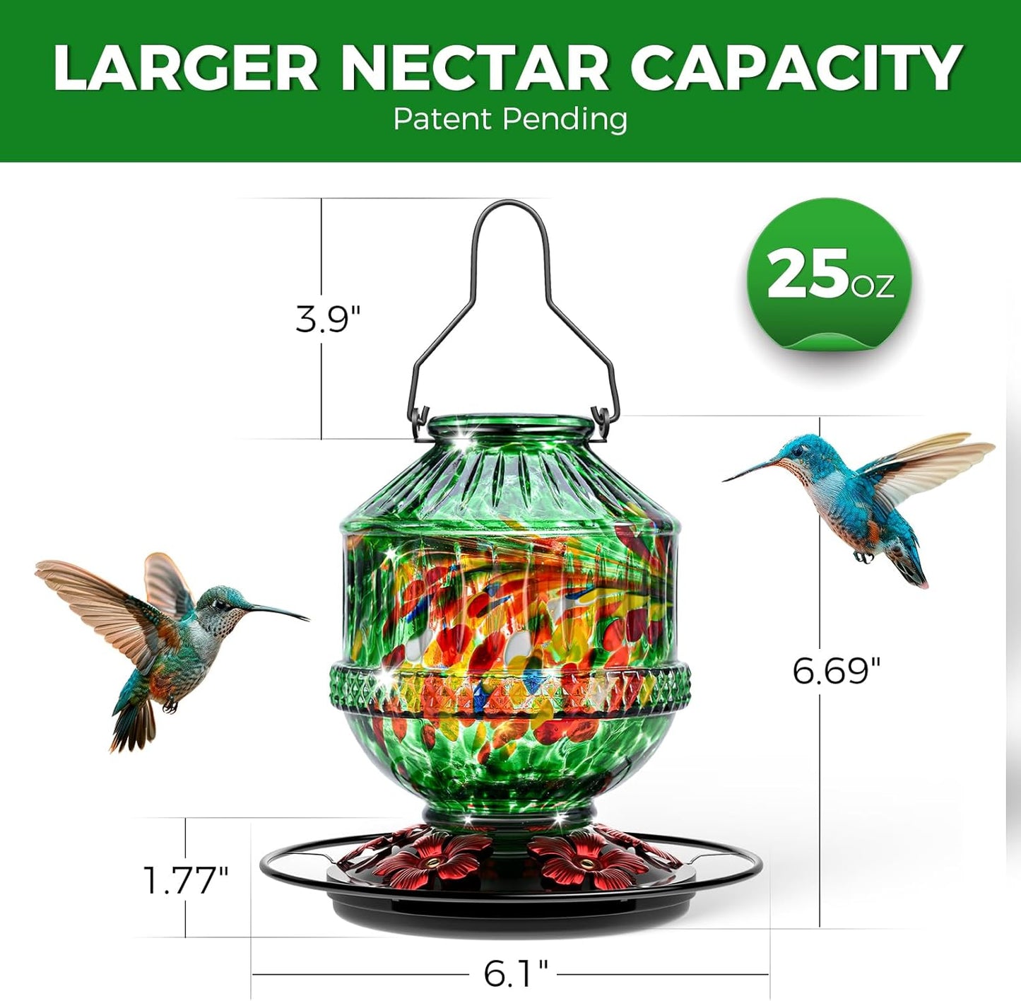 Hand Blown Glass Hummingbird Feeders for Outdoors, 25 Ounces Wild Bird Nectar Feeder with Perch & 5 Flower Feeding Ports Leak Proof Hanging for Garden Backyard Decor, Gifts for Women Mom, Green