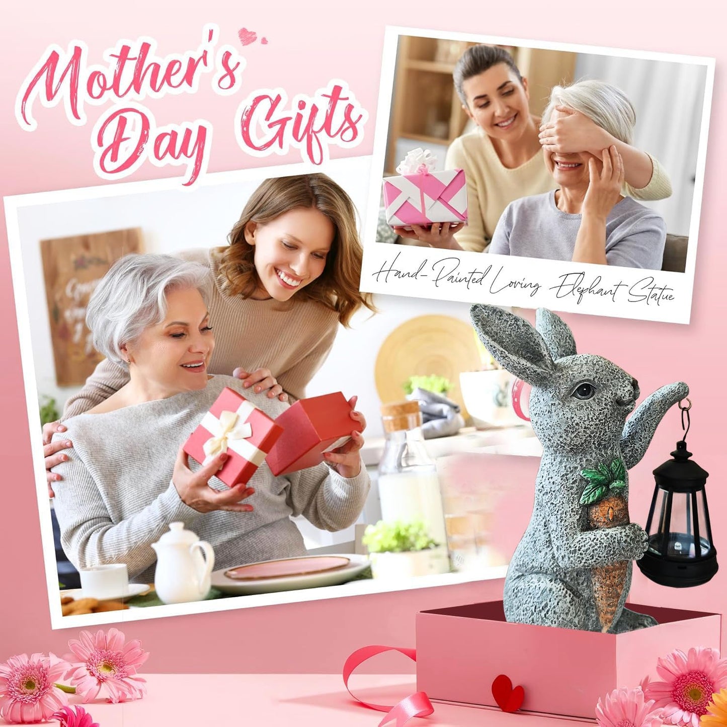 Garden Statues Rabbit Solar Lantern Outdoor Handmade Resin Statue Bunny with Cute Carrot for Patio, Yard,Mother's Day Gift Ideas (rabbit1)