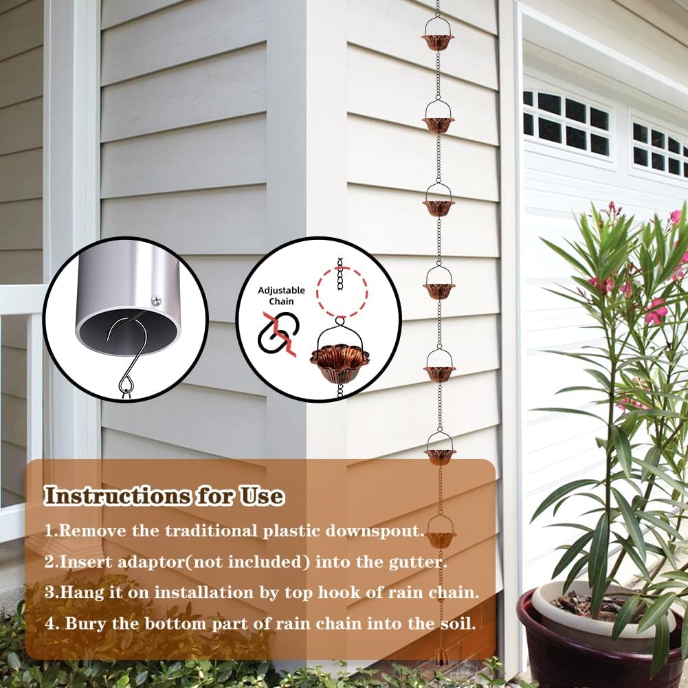 10FT Rain Chain, Lotus Rain Chains for Gutters with 12 Cups, Adjustable Rain Catcher Chain for Outside, Replacement Downspout for Gutters, Eaves, Drainage