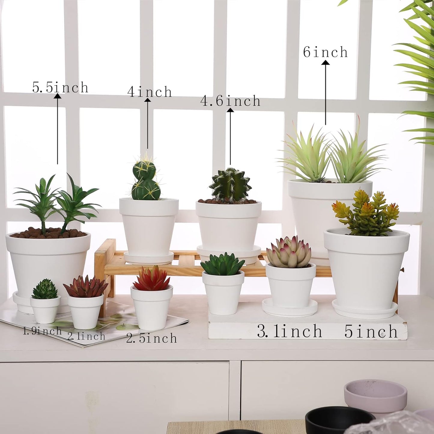 Yishang Large Terra Cotta Pots with Saucer- 6 Pack Large 6'' Terra Cotta Plant Pot with Drainage Hole, Flower Pot with Tray, Terracotta Pot for Indoor Outdoor Plant(White)