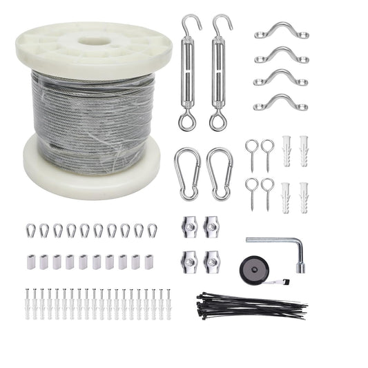 1/8" Wire Cable Rope Kit ，Vinyl Coated 304 Stainless Steel Wire – 100FT 7x7 Strand Cable with Turnbuckles，String Lights Hanging Kit for Outdoor, Garden,Patio, Crafts, Hanging Lights