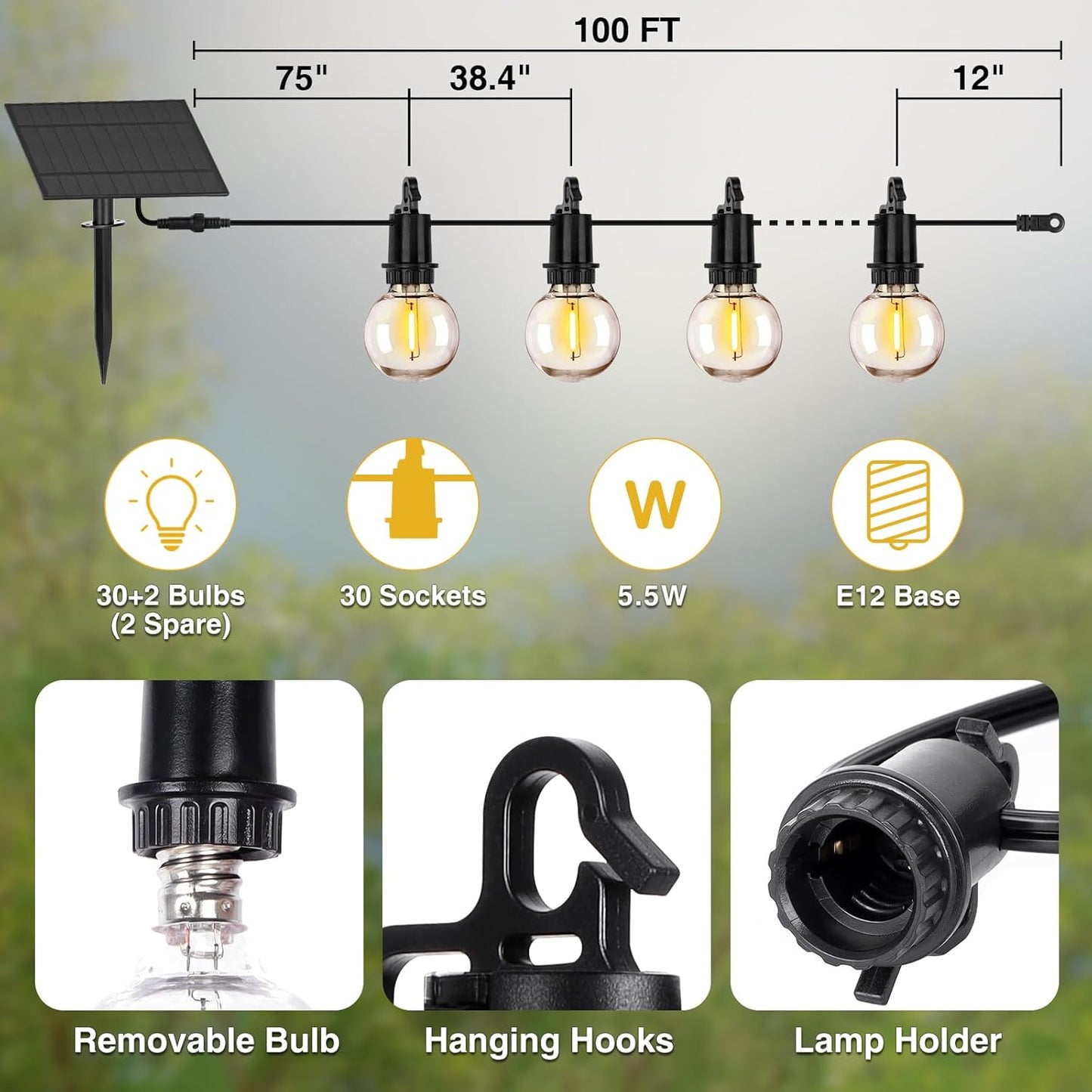 100FT Solar Lights Outdoor String Lights Waterproof G40 Patio lights Solar Powered with Remote USB Port 30+2 LED Shatterproof Bulbs 3 Light Modes, Dimmable Solar Lights for Camping for Porch Backyard