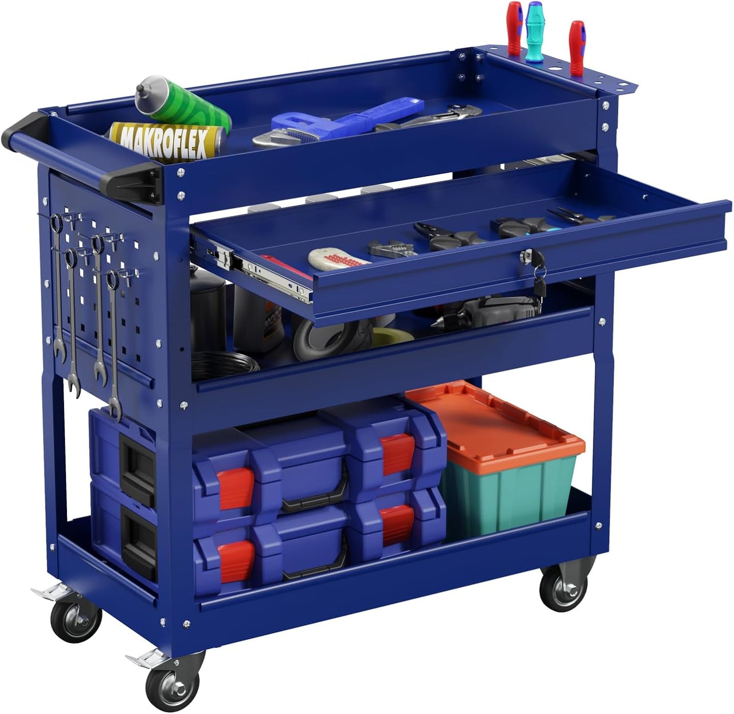 3-Tier Heavy Duty Utility Cart on Wheels, Rolling Tool Cart on Wheels with a Drawer, 350 Lbs Load Capacity Rolling Tool Storage Organizer for Garage, Warehouse and Repair Shop(Dark Blue)