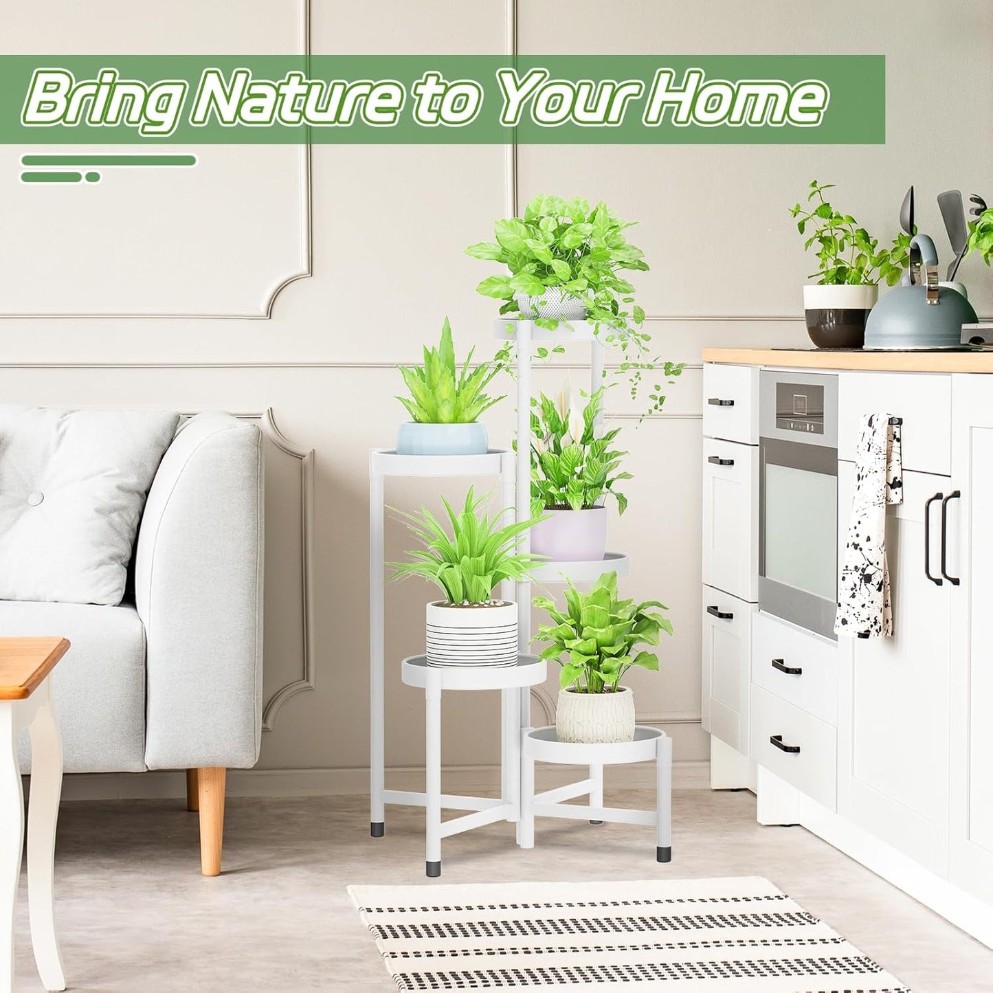 iDavosic.ly Plant Stand Indoor Outdoor, 5 Tier Corner Metal Flower Display Holder Shelf, Folding Tall Orchid Rack for Patio Balcony Porch Garden Living Room House, White