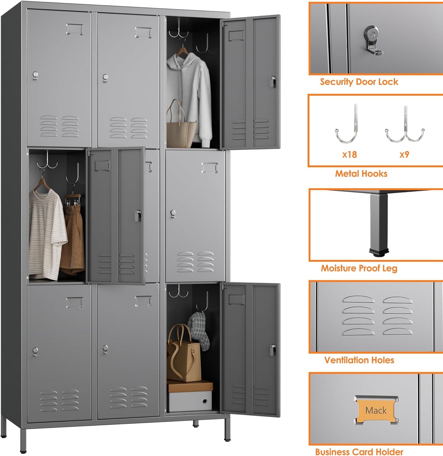 Aobabo Metal Storage Locker for Employees, 9 Doors Lockable Steel Locker with 27 Hooks and 9 Name Card Slot for School Office Gym, Light Grey, Assembly Required