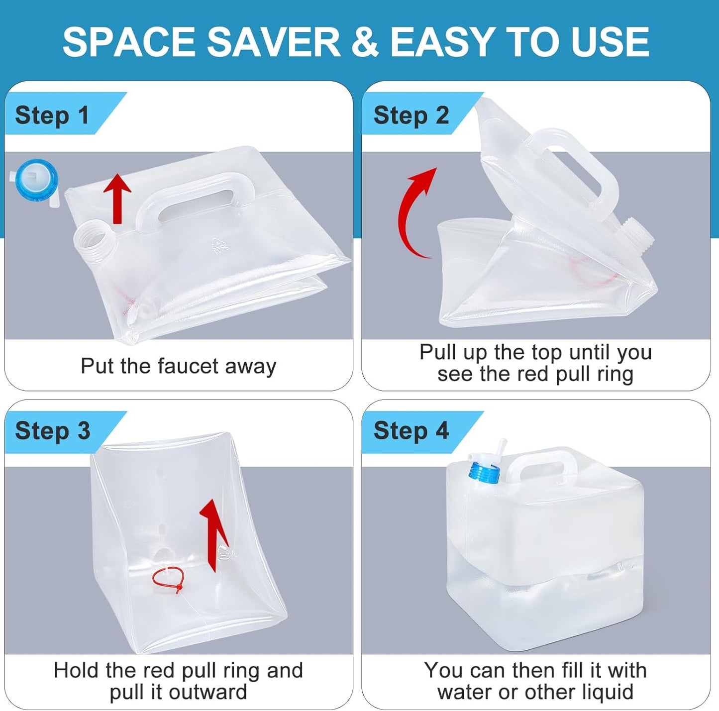 2 Pack Collapsible Water Container with Spigot, Foldable Cube Water Jugs Portable Water Storage for Outdoors Camping Hiking Disaster Preparedness & Survival Gear 1.4/2.6/4/5.3 Gallon