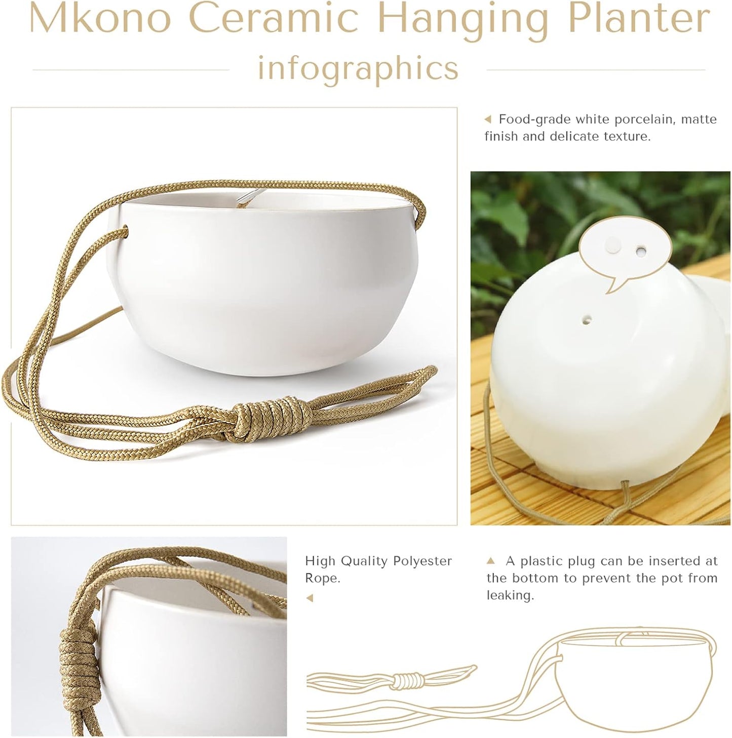 Mkono Ceramic Hanging Planter of Shallow 8 Inch and Deep 6 Inch for Indoor Outdoor Plants, Set of 2 Modern Plant Pot Geometric Porcelain Hanging Basket with Polyester Rope Hanger
