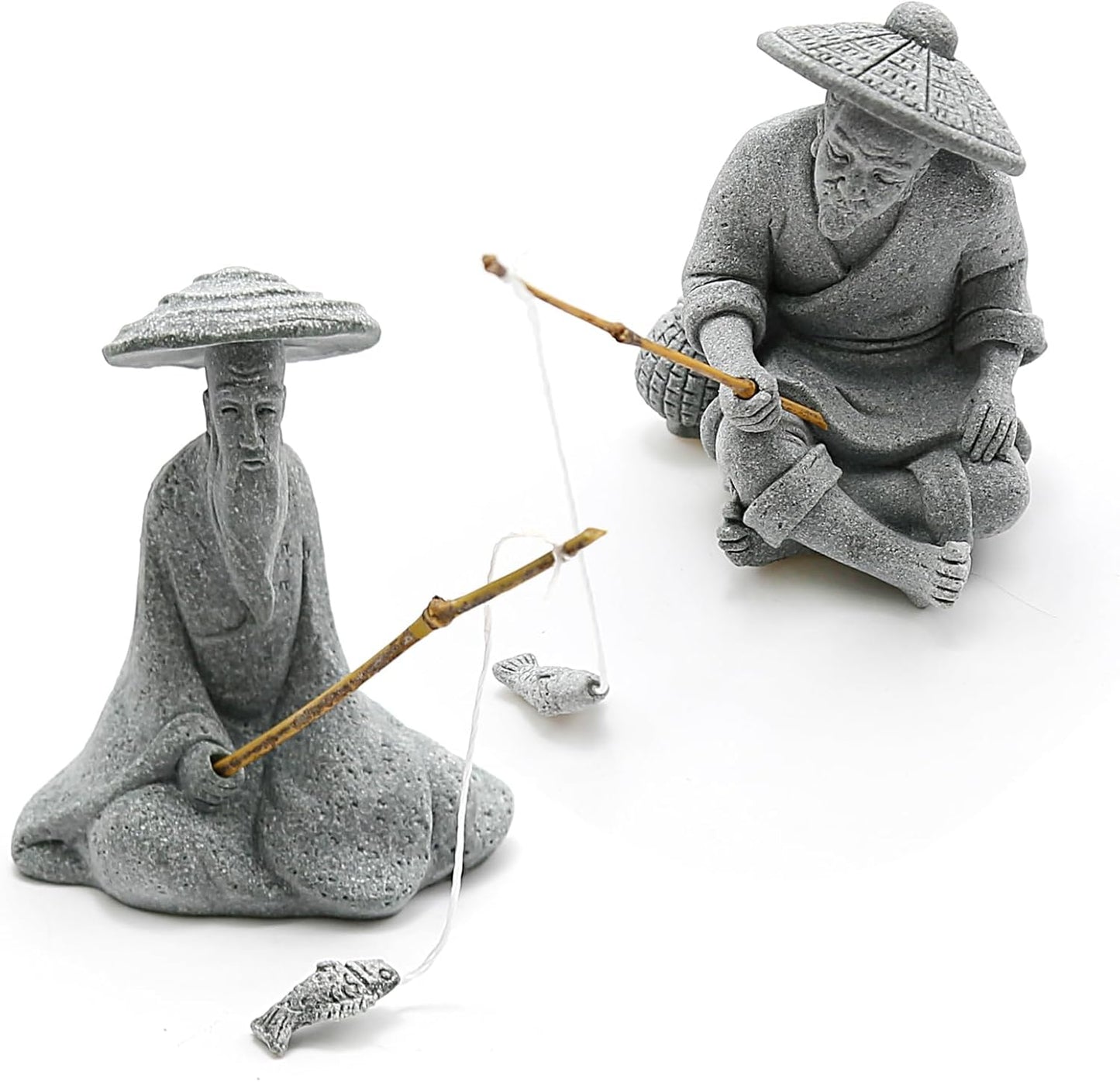 2PCS Sitting Fishing Figurines Sandstone Vintage Ornament Japanese Decor for Fish Tank Pot Garden Home Aquarium Mini Fisherman Statue Asian Zen Decoration