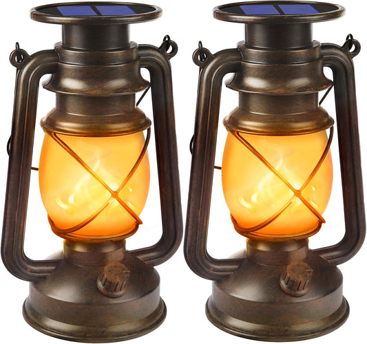 Solar Lanterns Outdoor Waterproof,2 Pack Bronze Vintage Lanterns with Dancing Flame Led Hanging Lights Decor,Lamps for Porch Garden Yard Pathway Camping