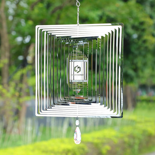 Wind Spinners Outdoor – Colorful Garden Wind Spinners & Yard Decorations, Outside Wind Chimes for Garden Decor, Birthday Gifts for Women (Square-Silver, 11.9 inch)