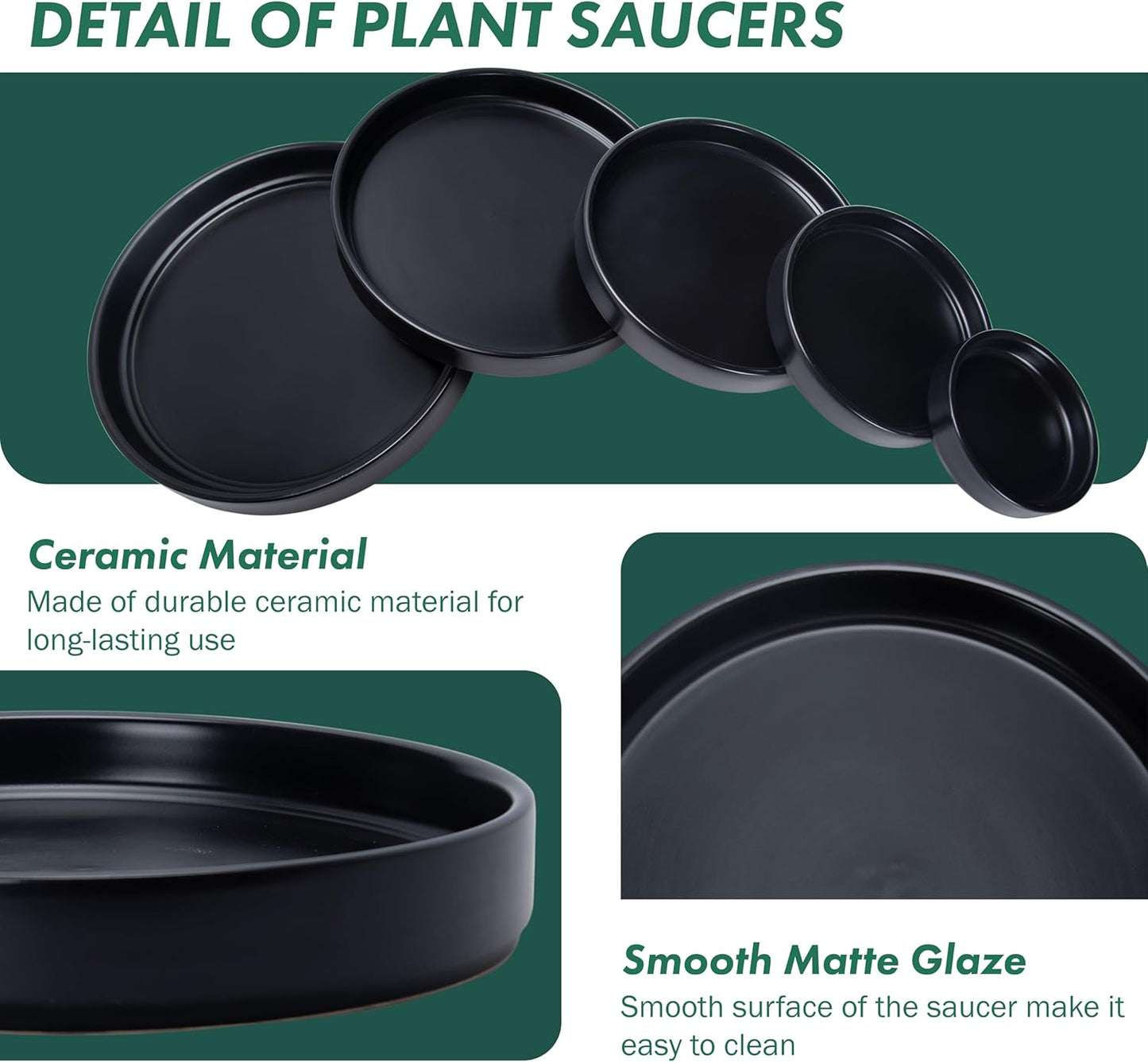 D'vine Dev Modern Round 3.7 Inch Ceramic Plant Pot Saucer, Planter Pot Drainage Tray for Indoor Plants, Set of 4, Matte Black, 97-T-B-11