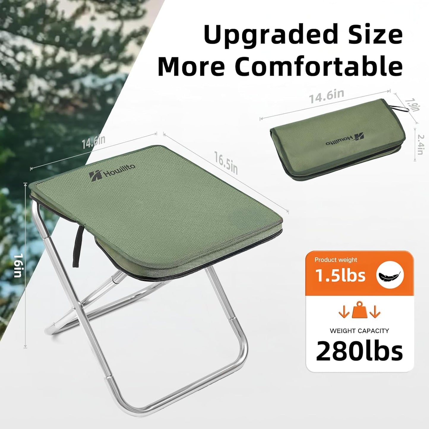 Camping Stool, 16in Tall Portable Folding Stool with Carry Bag, Upgraded Ultralight Chair with Roomy Seat for Adults, Holds 280lbs, Ideal for Hiking, Fishing, Outdoor Use, Green